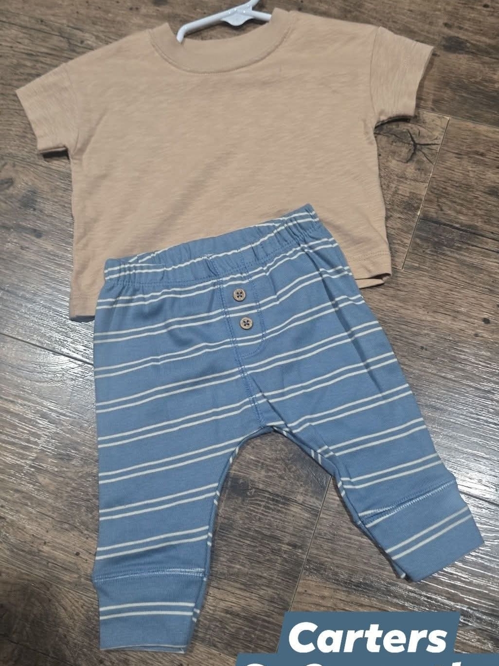 Carter's Tan Tee with Blue & White Striped Pants